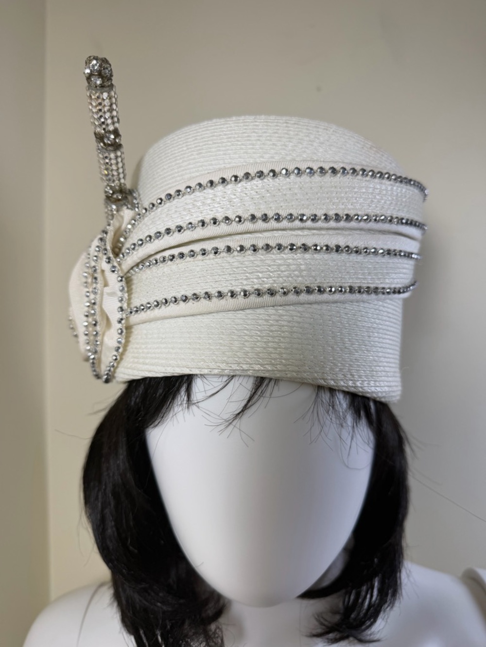 Ivory Rhinestone-Trim Women's Cloche Hat